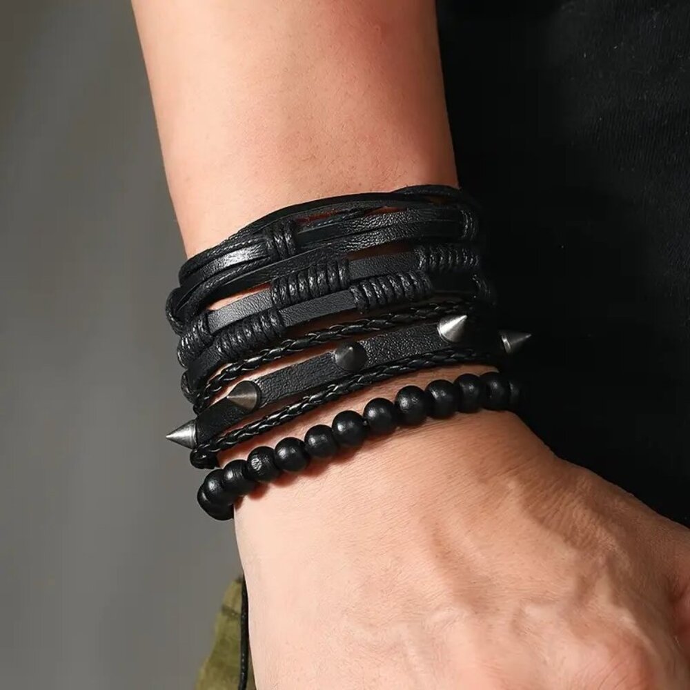 Cuff Bracelet Leather 4pc Black Spike Beads Rave  Rock Edgy Goth Grunge Punk Emo